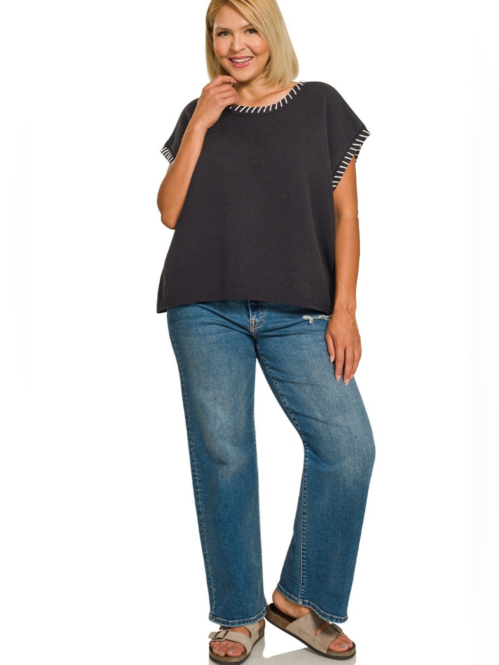 Zenana PLUS Black Stitch Detailed Oversized Sweater Vest - Picture 2 of 2